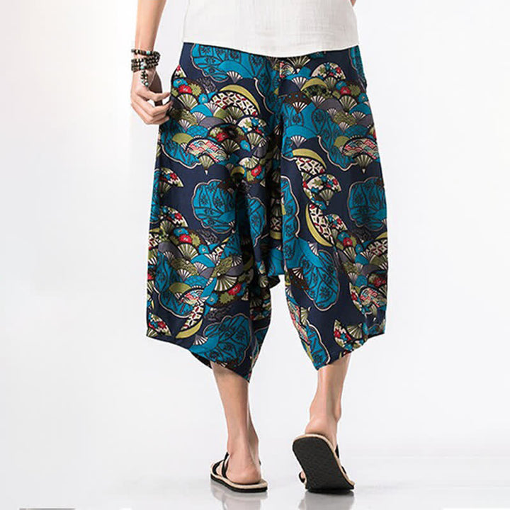 Buddha Stones Summer Boho Casual Drawstring Floral Cotton Linen Capri Pants Men's Harem Pants With Pocket - image 6