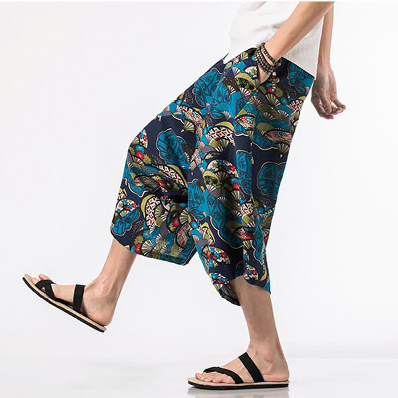 Buddha Stones Summer Boho Casual Drawstring Floral Cotton Linen Capri Pants Men's Harem Pants With Pocket - image 4