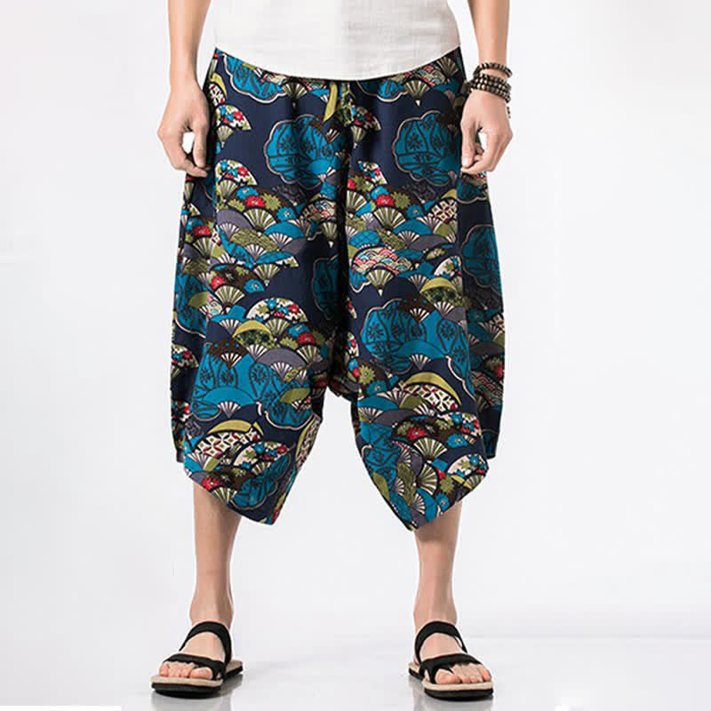 Buddha Stones Summer Boho Casual Drawstring Floral Cotton Linen Capri Pants Men's Harem Pants With Pocket - image 3