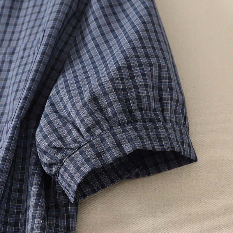 Buddha Stones Summer Casual Vintage Mandarin Collar Button-Up Plaid Women's Short Sleeve Shirts With Pocket - image 5