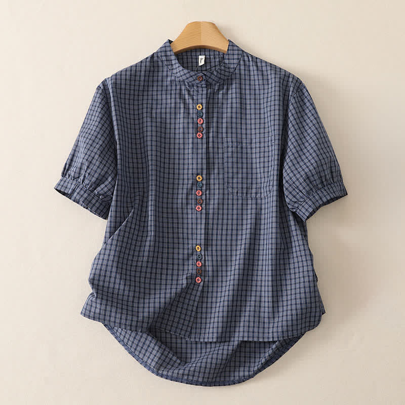 Buddha Stones Summer Casual Vintage Mandarin Collar Button-Up Plaid Women's Short Sleeve Shirts With Pocket - SlateGray - US12，UK/AU16，EU44 (2XL) - image 0
