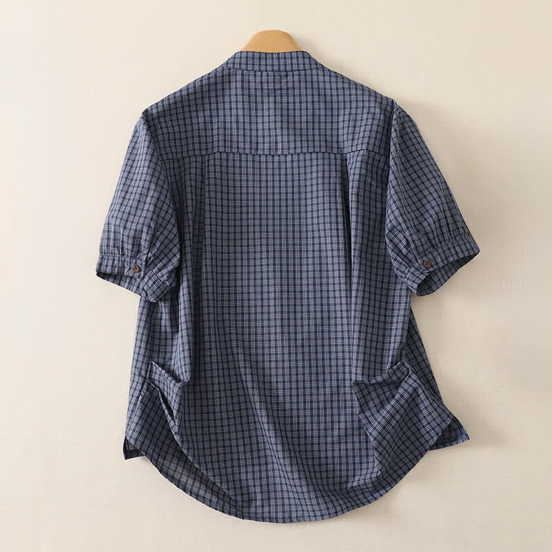 Buddha Stones Summer Casual Vintage Mandarin Collar Button-Up Plaid Women's Short Sleeve Shirts With Pocket - image 1