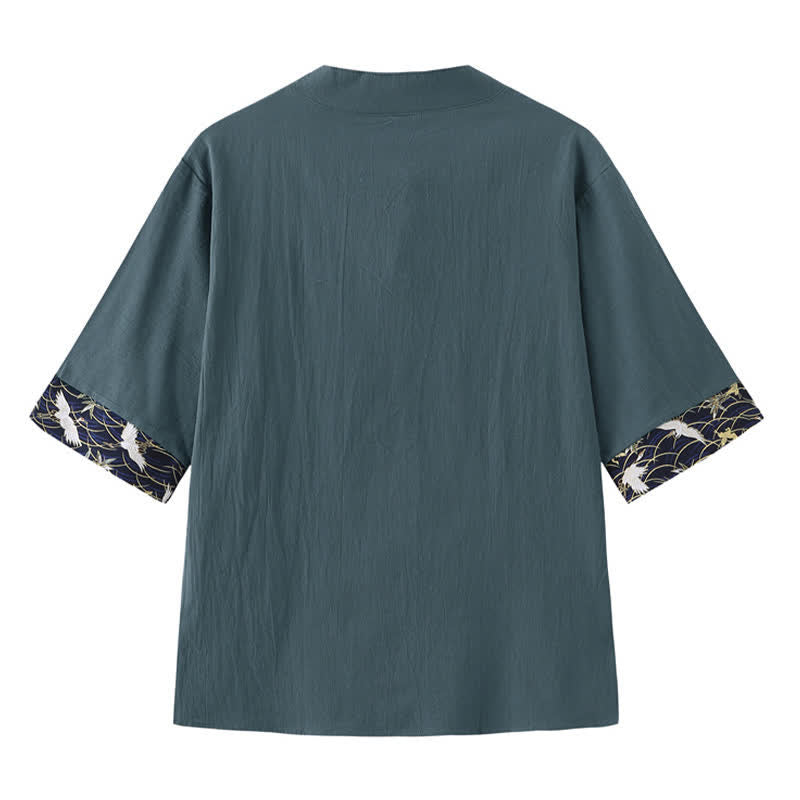 Buddha Stones Summer Tang Style Vintage Frog Button Crane Men's Short Sleeve Shirts - image 1