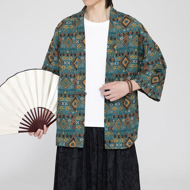 Buddha Stones Spring Summer Boho Casual Patch Pocket Geometric Men's Kimonos - image 5