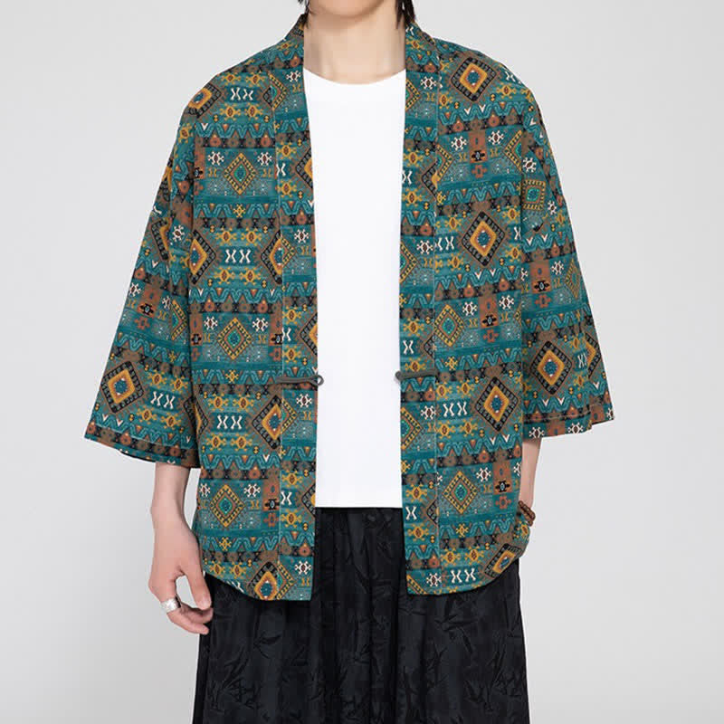 Buddha Stones Spring Summer Boho Casual Patch Pocket Geometric Men's Kimonos - image 2