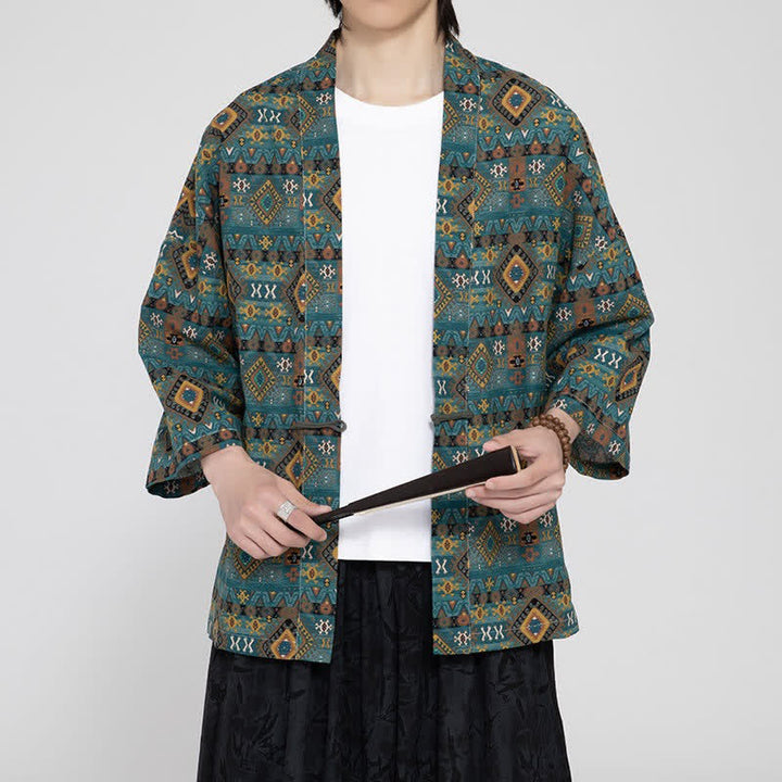 Buddha Stones Spring Summer Boho Casual Patch Pocket Geometric Men's Kimonos - image 3