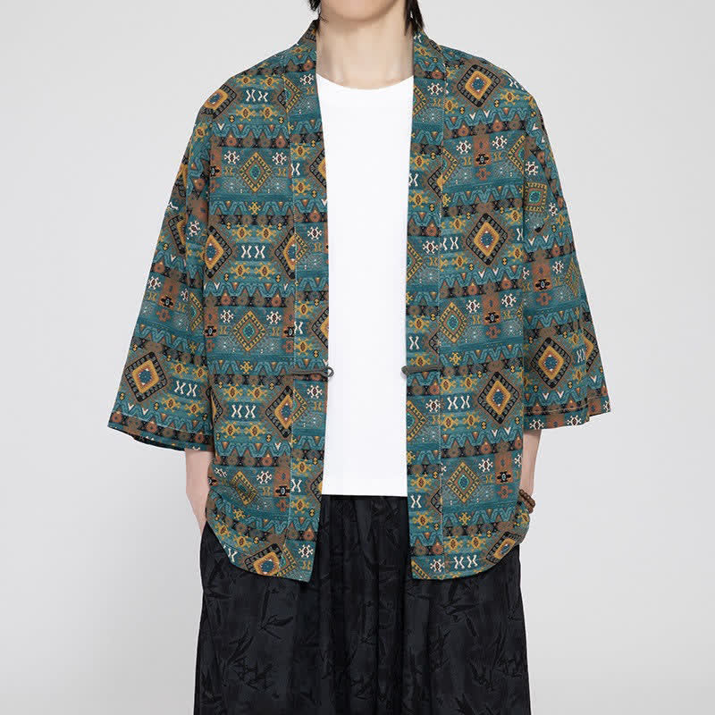 Buddha Stones Spring Summer Boho Casual Patch Pocket Geometric Men's Kimonos - Teal - US/UK/AU46，EU56 (5XL) - image 0