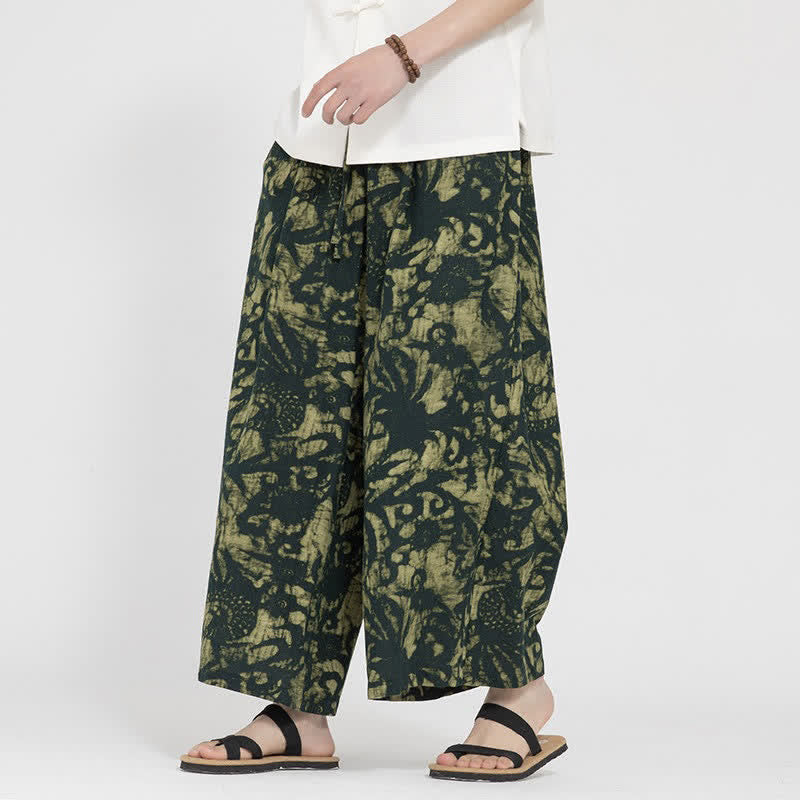 Buddha Stones Summer Boho Casual Drawstring Abstract Cropped Pants Men's Straight Leg Pants With Pocket - DarkOliveGreen - US/UK/AU48，EU58(5XL) - image 0