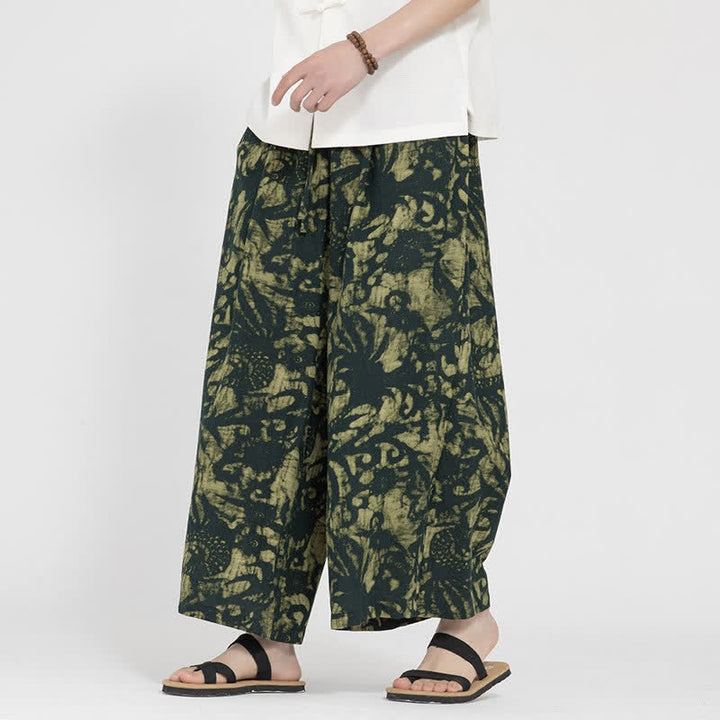 Buddha Stones Summer Boho Casual Drawstring Abstract Cropped Pants Men's Straight Leg Pants With Pocket - DarkOliveGreen - US/UK/AU48，EU58(5XL) - image 0