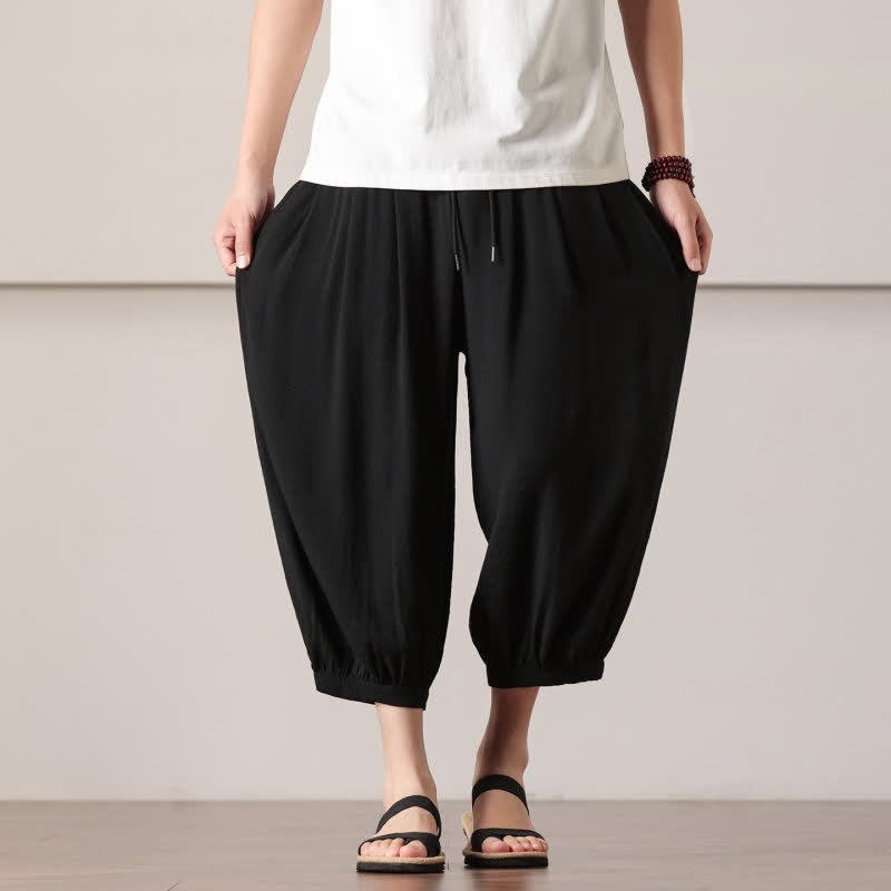 Buddha Stones Summer Casual Minimalist Drawstring Solid Capri Pants Men's Harem Pants With Pocket - image 23