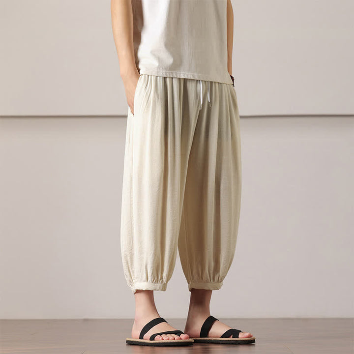 Buddha Stones Summer Casual Minimalist Drawstring Solid Capri Pants Men's Harem Pants With Pocket - image 16