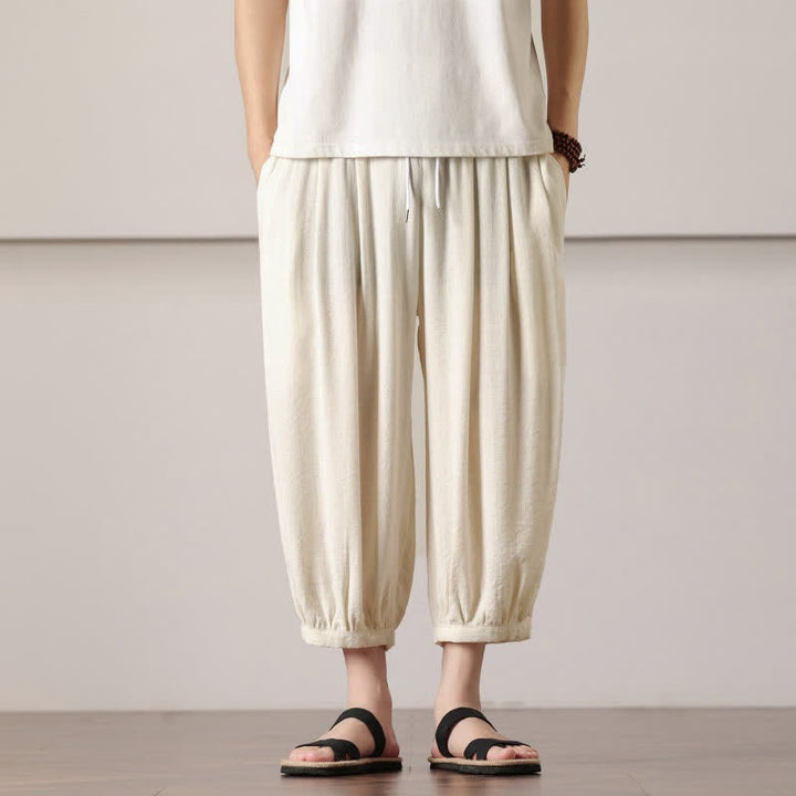 Buddha Stones Summer Casual Minimalist Drawstring Solid Capri Pants Men's Harem Pants With Pocket - AntiqueWhite - US/UK/AU46，EU56 (5XL) - image 8