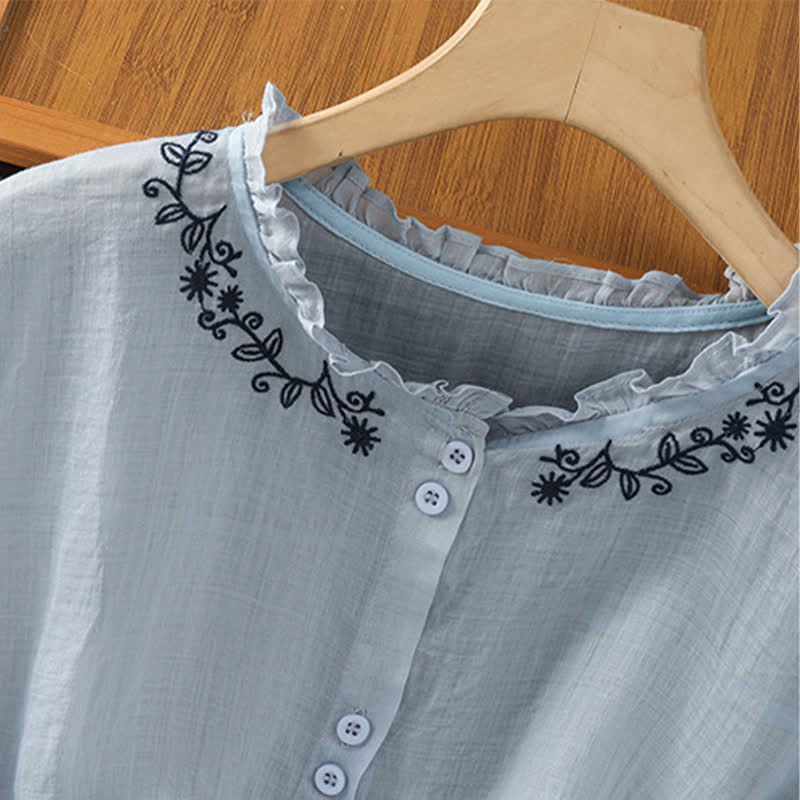 Buddha Stones Summer Casual Vintage Light Blue Embroidery Button-Up Solid Women's Elbow-Length Sleeve Shirts - image 4