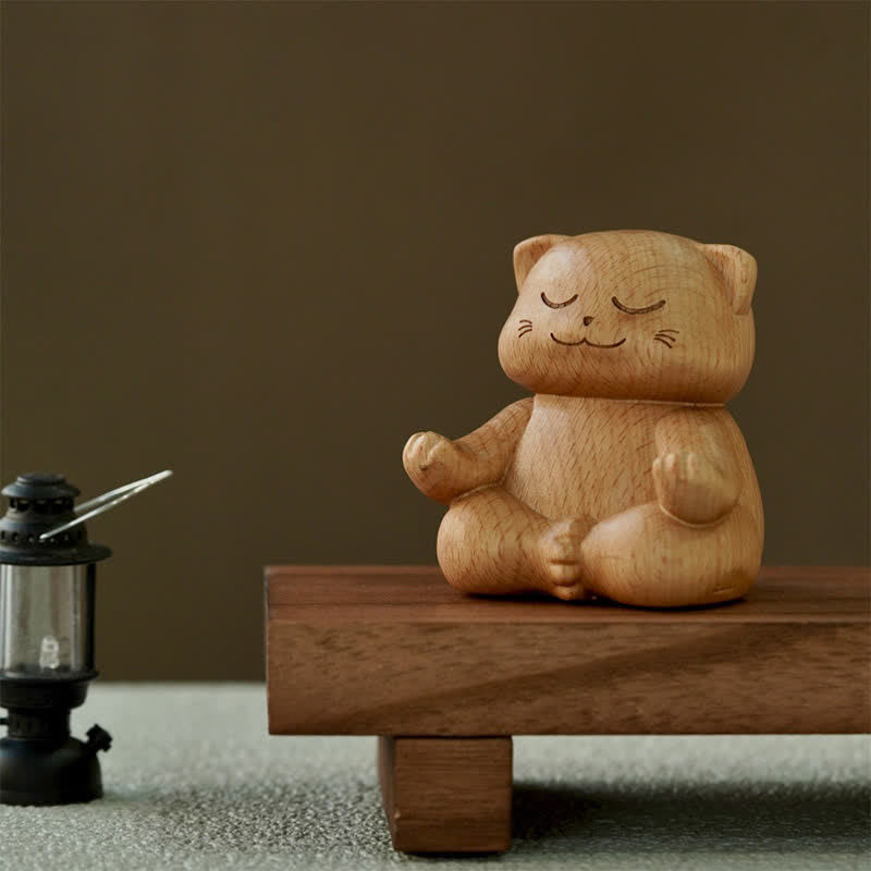 Buddha Stones Wood Meditating Cat Enlightenment Hand Carved Cute Animal Decor - image 1