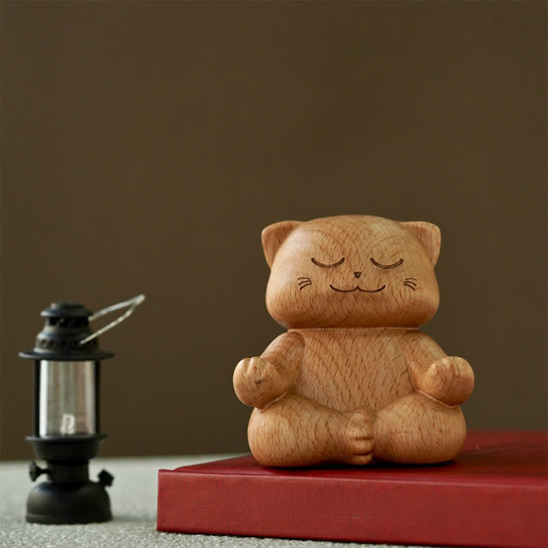 Buddha Stones Wood Meditating Cat Enlightenment Hand Carved Cute Animal Decor - Zen Circle(Enlightenment ♥ Effortlessness) - image 0