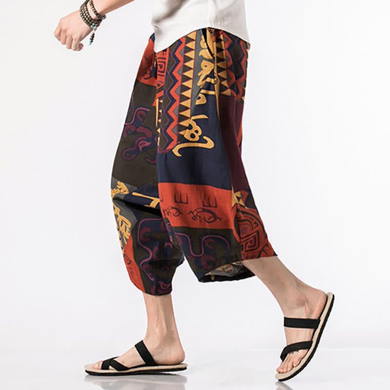 Buddha Stones Summer Boho Casual Drawstring Floral Cotton Linen Capri Pants Men's Harem Pants With Pocket - image 11
