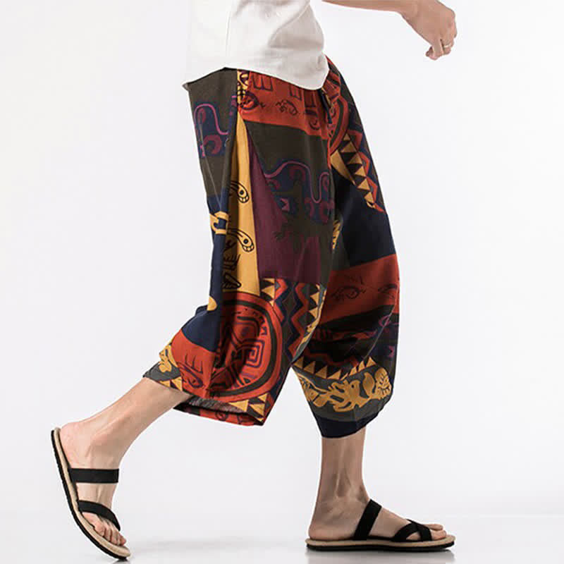 Buddha Stones Summer Boho Casual Drawstring Floral Cotton Linen Capri Pants Men's Harem Pants With Pocket - image 9