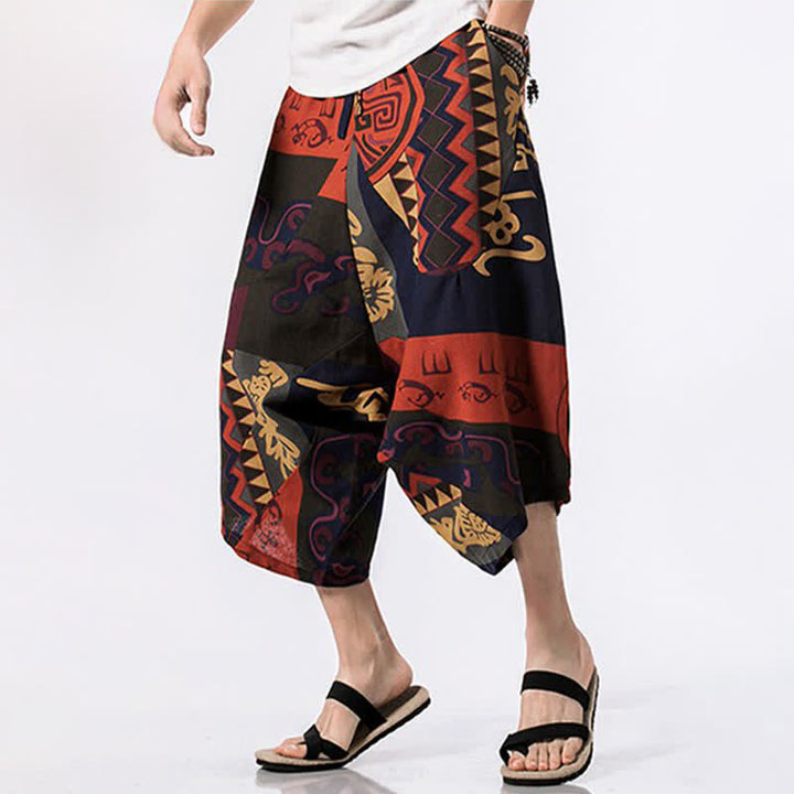 Buddha Stones Summer Boho Casual Drawstring Floral Cotton Linen Capri Pants Men's Harem Pants With Pocket - image 10