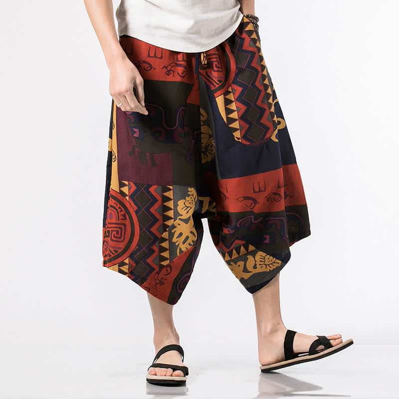 Buddha Stones Summer Boho Casual Drawstring Floral Cotton Linen Capri Pants Men's Harem Pants With Pocket - Red - US/UK/AU48，EU58(5XL) - image 7