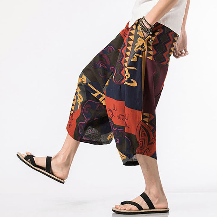 Buddha Stones Summer Boho Casual Drawstring Floral Cotton Linen Capri Pants Men's Harem Pants With Pocket - image 12