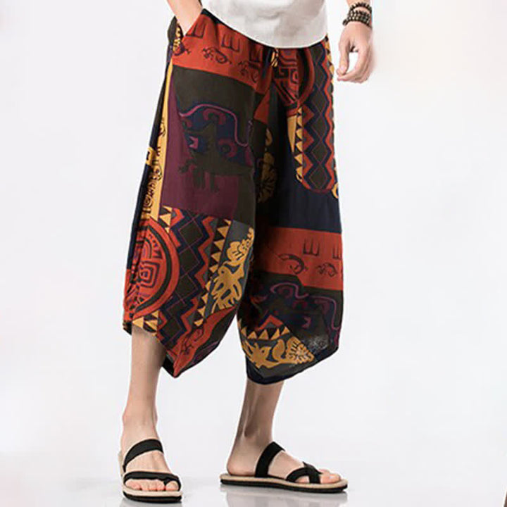 Buddha Stones Summer Boho Casual Drawstring Floral Cotton Linen Capri Pants Men's Harem Pants With Pocket - image 8
