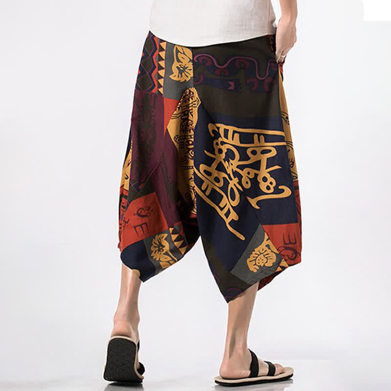 Buddha Stones Summer Boho Casual Drawstring Floral Cotton Linen Capri Pants Men's Harem Pants With Pocket - image 14
