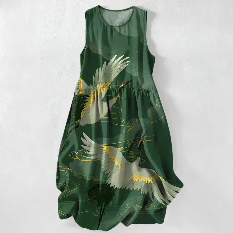Buddha Stones Summer Casual Flying Crane Wave Pattern Women's Summer Sleeveless Midi Dress With Pockets - ForestGreen - US16，UK/AU20，EU48 (3XL) - image 5