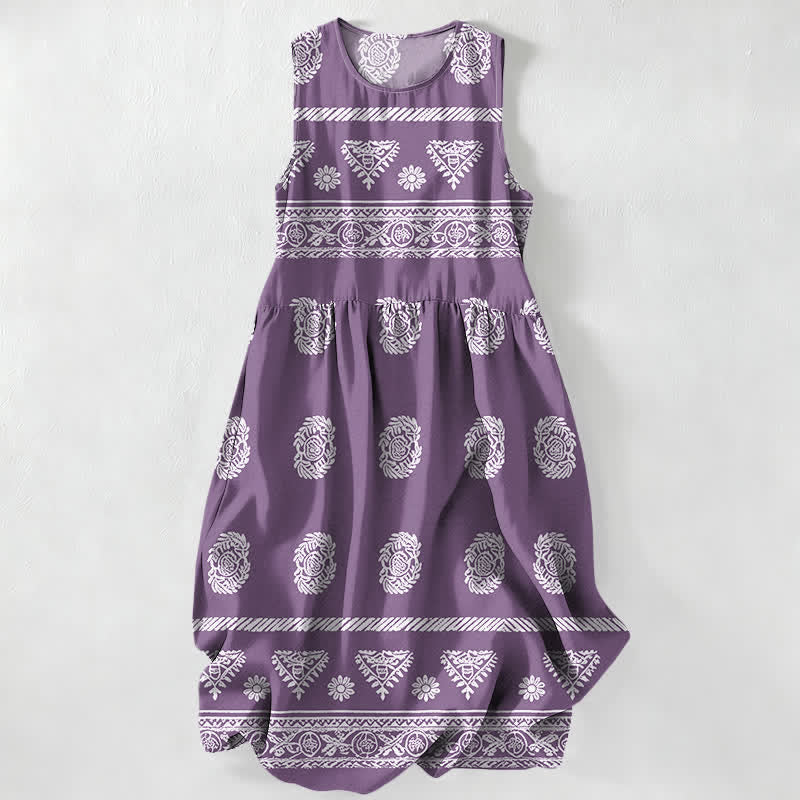 Buddha Stones Summer Casual Geometric Medallion Stripe Pattern Women's Summer Sleeveless Midi Dress With Pockets - MediumPurple - US16，UK/AU20，EU48 (3XL) - image 5