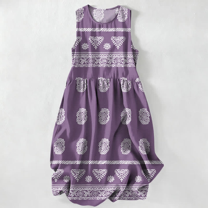 Buddha Stones Summer Casual Geometric Medallion Stripe Pattern Women's Summer Sleeveless Midi Dress With Pockets - MediumPurple - US16，UK/AU20，EU48 (3XL) - image 5