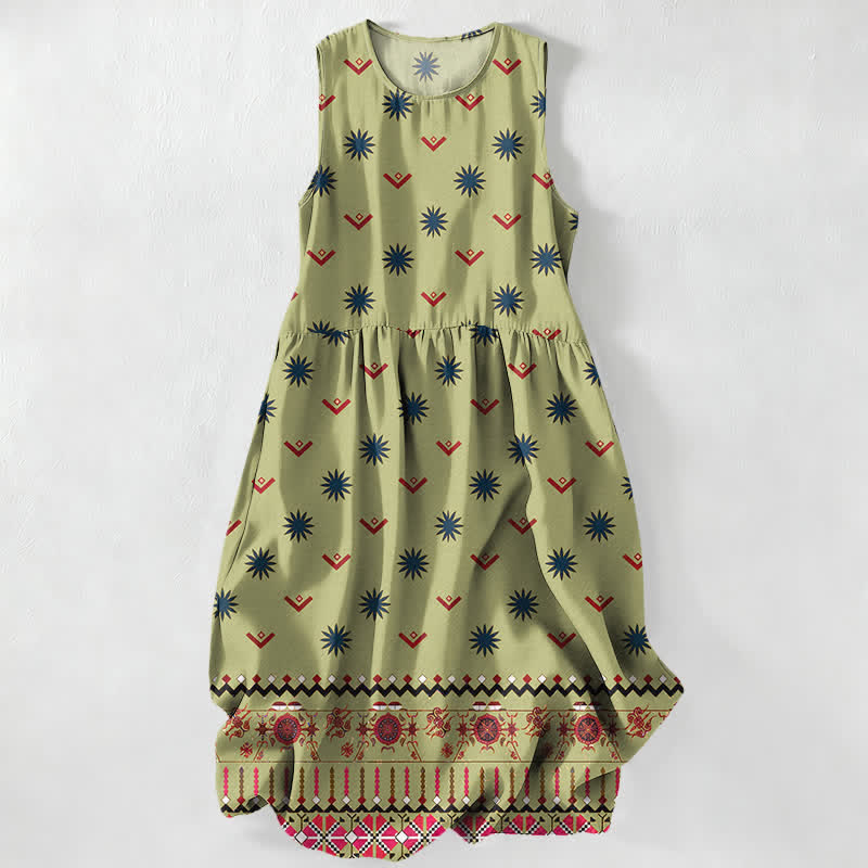 Buddha Stones Summer Casual Boho Floral Geometric Pattern Women's Summer Sleeveless Midi Dress With Pockets - LightGreen - US16，UK/AU20，EU48 (3XL) - image 5