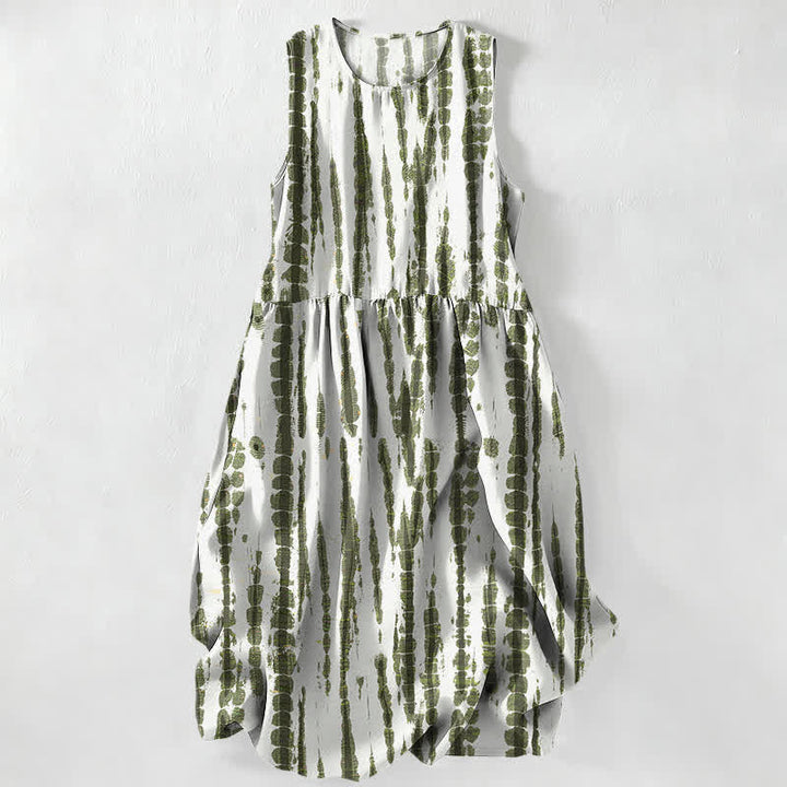 Buddha Stones Summer Casual Vertical Brush Stripe Pattern Women's Summer Sleeveless Midi Dress With Pockets - Snow - US16，UK/AU20，EU48 (3XL) - image 0