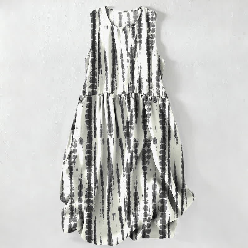 Buddha Stones Summer Casual Vertical Brush Stripe Pattern Women's Summer Sleeveless Midi Dress With Pockets - WhiteSmoke - image 4