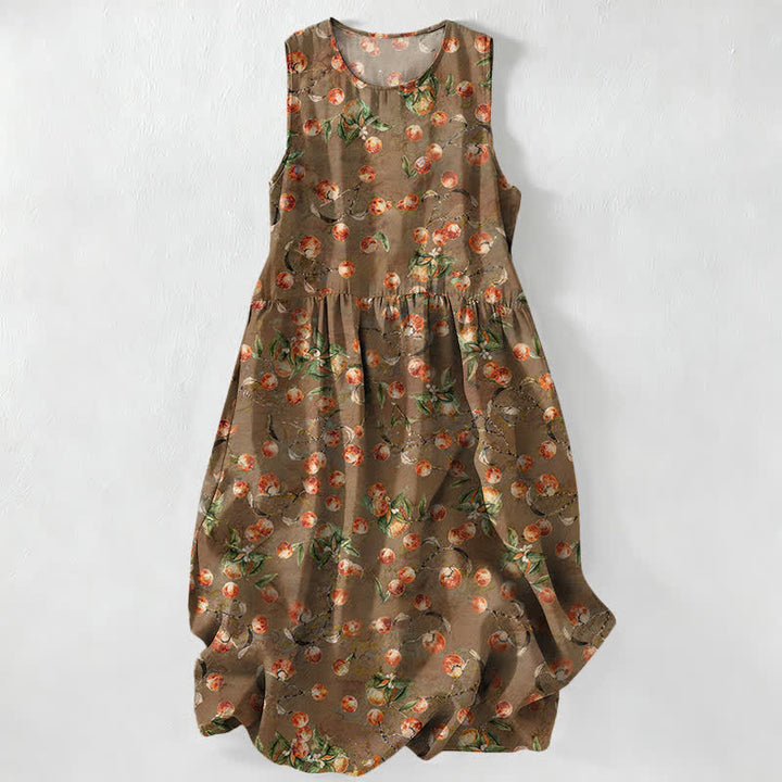 Buddha Stones Summer Casual Vintage Floral Leaves Pattern Women's Summer Sleeveless Midi Dress With Pockets - Peru - US16，UK/AU20，EU48 (3XL) - image 0