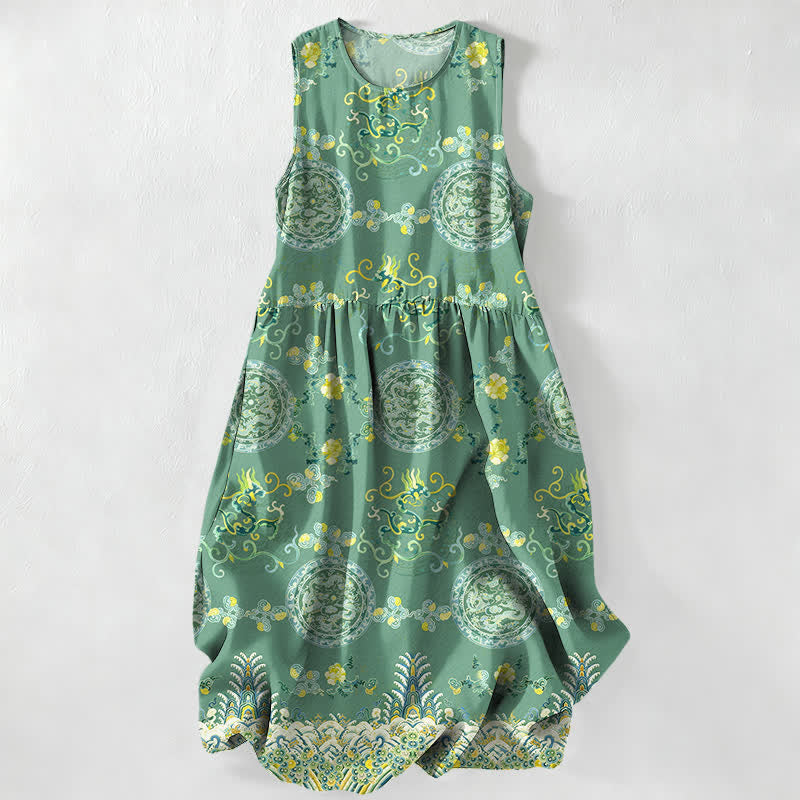 Buddha Stones Summer Casual Vintage Floral Medallions Leaves Pattern Women's Summer Sleeveless Midi Dress With Pockets - MediumSeaGreen - US16，UK/AU20，EU48 (3XL) - image 4