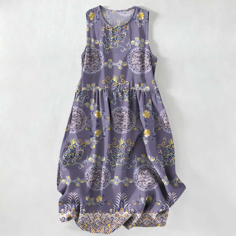 Buddha Stones Summer Casual Vintage Floral Medallions Leaves Pattern Women's Summer Sleeveless Midi Dress With Pockets - Thistle - US16，UK/AU20，EU48 (3XL) - image 5