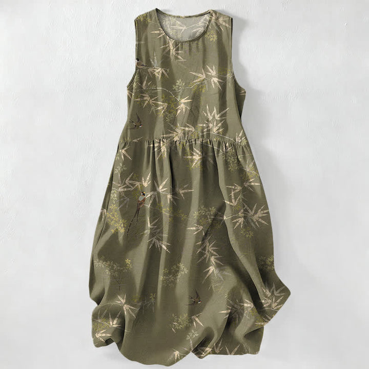 Buddha Stones Summer Casual Bamboo Leaves Pattern Women's Summer Sleeveless Midi Dress With Pockets - OliveDrab - US16，UK/AU20，EU48 (3XL) - image 0