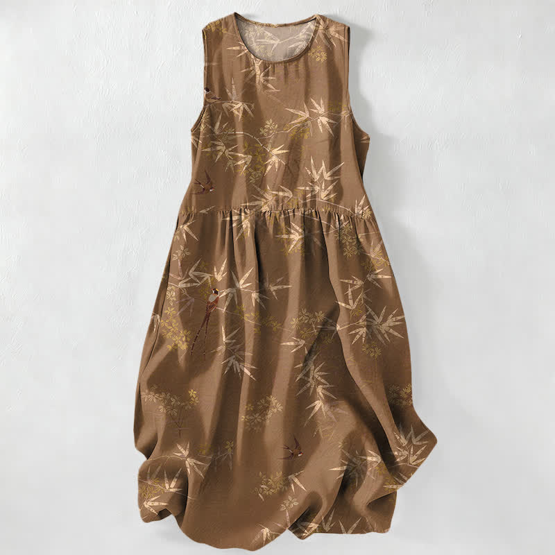 Buddha Stones Summer Casual Bamboo Leaves Pattern Women's Summer Sleeveless Midi Dress With Pockets - Peru - US16，UK/AU20，EU48 (3XL) - image 4