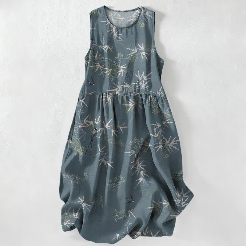 Buddha Stones Summer Casual Bamboo Leaves Pattern Women's Summer Sleeveless Midi Dress With Pockets - CadetBlue - US16，UK/AU20，EU48 (3XL) - image 5