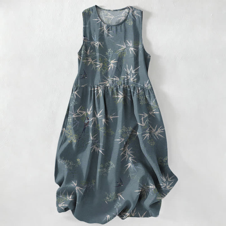 Buddha Stones Summer Casual Bamboo Leaves Pattern Women's Summer Sleeveless Midi Dress With Pockets - CadetBlue - US16，UK/AU20，EU48 (3XL) - image 5