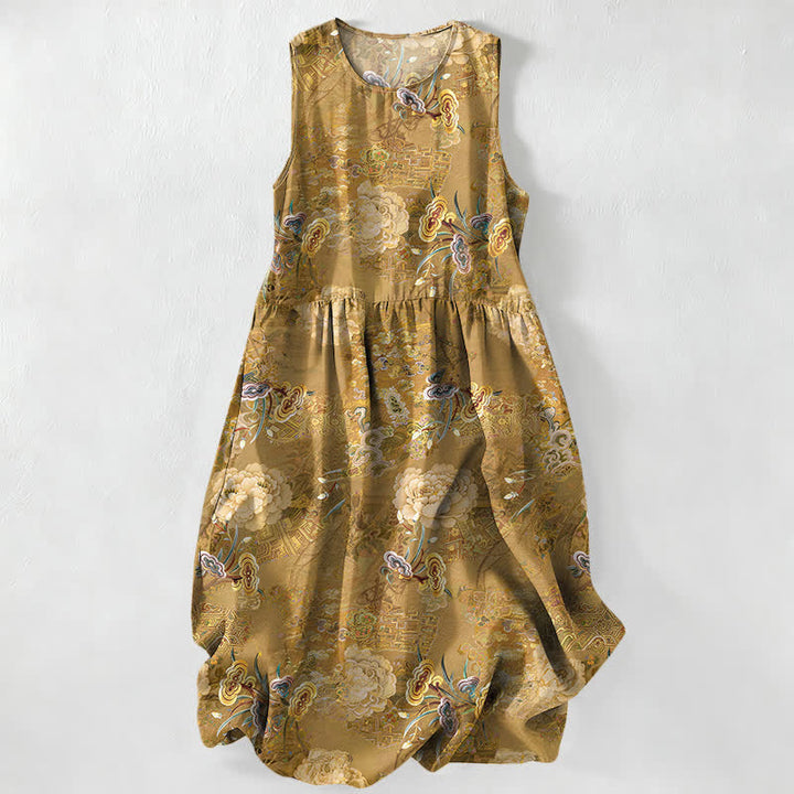 Buddha Stones Summer Casual Vintage Paisley Floral Pattern Women's Summer Sleeveless Midi Dress With Pockets - DarkGoldenrod - US16，UK/AU20，EU48 (3XL) - image 0