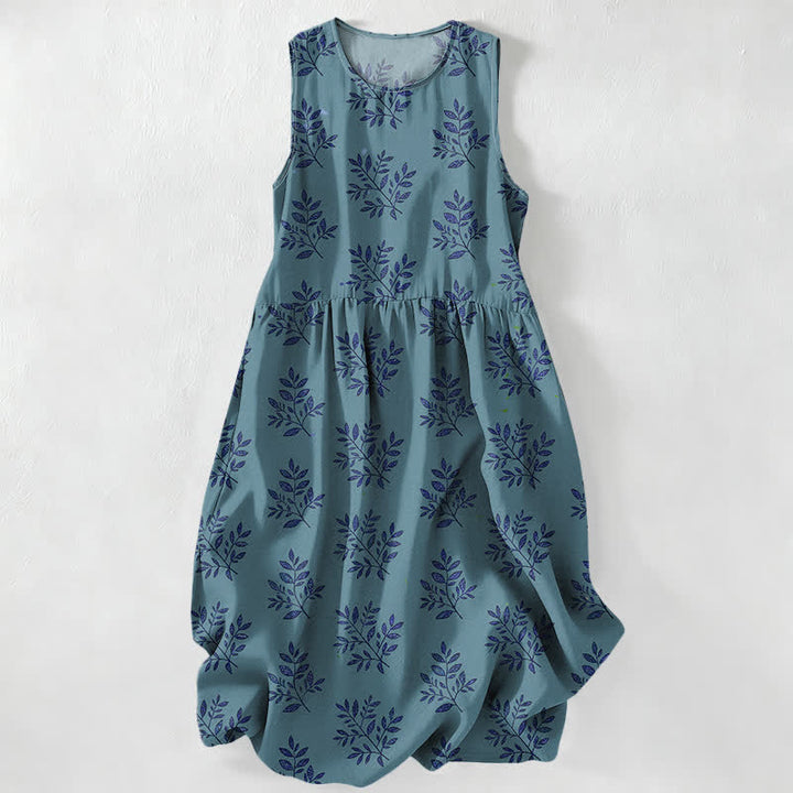 Buddha Stones Summer Casual Botanical Leaves Pattern Women's Summer Sleeveless Midi Dress With Pockets - CadetBlue - US16，UK/AU20，EU48 (3XL) - image 4