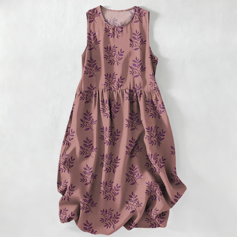 Buddha Stones Summer Casual Botanical Leaves Pattern Women's Summer Sleeveless Midi Dress With Pockets - PaleVioletRed - US16，UK/AU20，EU48 (3XL) - image 5