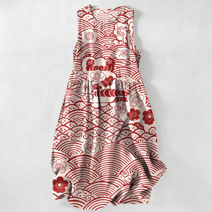 Buddha Stones Summer Casual Seigaiha Floral Pattern Women's Summer Sleeveless Midi Dress With Pockets - FloralWhite - US16，UK/AU20，EU48 (3XL) - image 0