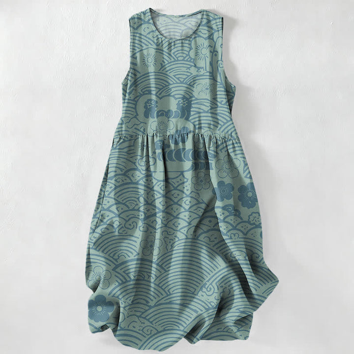Buddha Stones Summer Casual Seigaiha Floral Pattern Women's Summer Sleeveless Midi Dress With Pockets - Turquoise - US16，UK/AU20，EU48 (3XL) - image 4