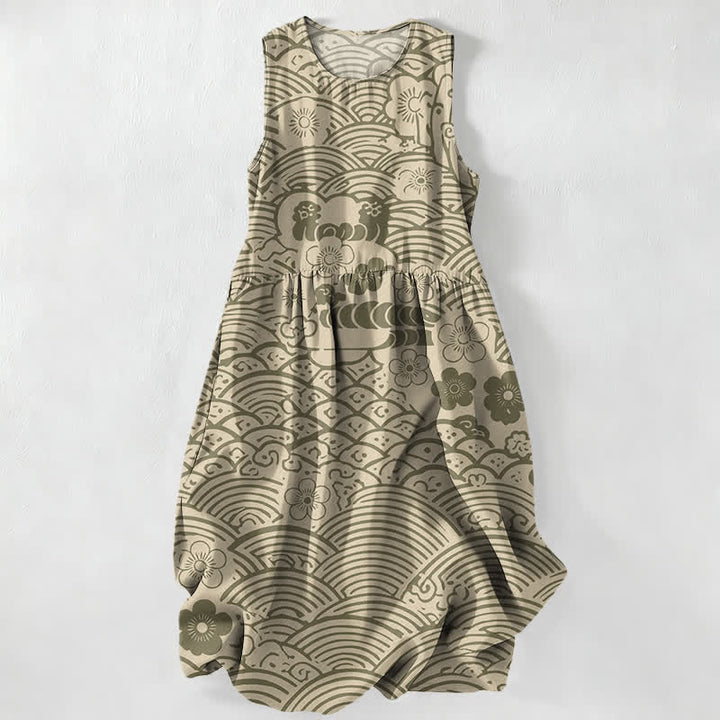 Buddha Stones Summer Casual Seigaiha Floral Pattern Women's Summer Sleeveless Midi Dress With Pockets - DarkKhaki - US16，UK/AU20，EU48 (3XL) - image 5