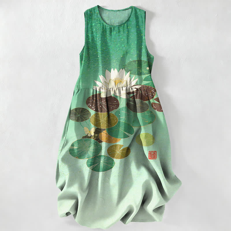 Buddha Stones Summer Casual Lotus Pond Pattern Women's Summer Sleeveless Midi Dress With Pockets - Aquamarine - US16，UK/AU20，EU48 (3XL) - image 0