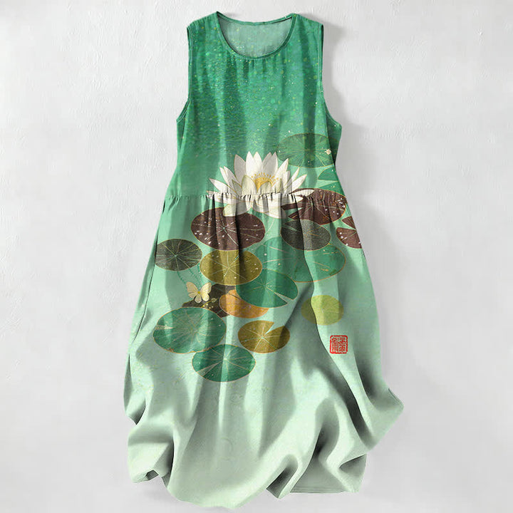Buddha Stones Summer Casual Lotus Pond Pattern Women's Summer Sleeveless Midi Dress With Pockets - Aquamarine - US16，UK/AU20，EU48 (3XL) - image 0
