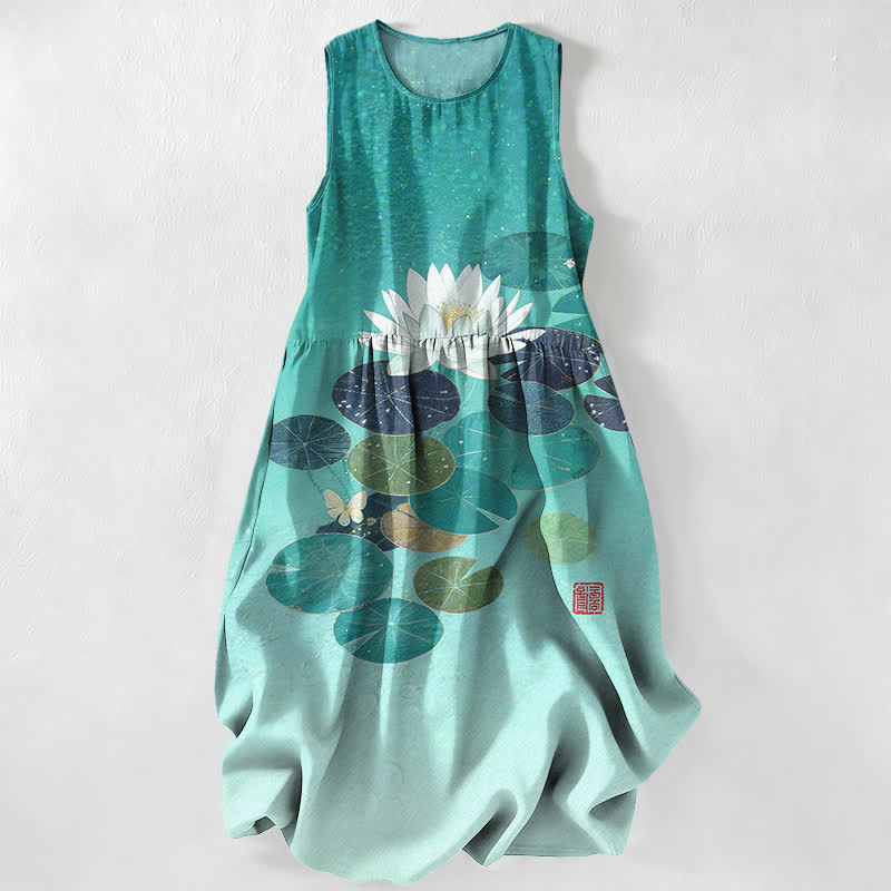 Buddha Stones Summer Casual Lotus Pond Pattern Women's Summer Sleeveless Midi Dress With Pockets - Turquoise - US16，UK/AU20，EU48 (3XL) - image 4
