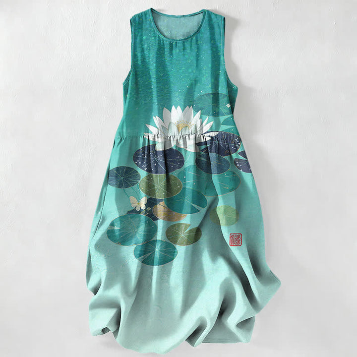 Buddha Stones Summer Casual Lotus Pond Pattern Women's Summer Sleeveless Midi Dress With Pockets - Turquoise - US16，UK/AU20，EU48 (3XL) - image 4