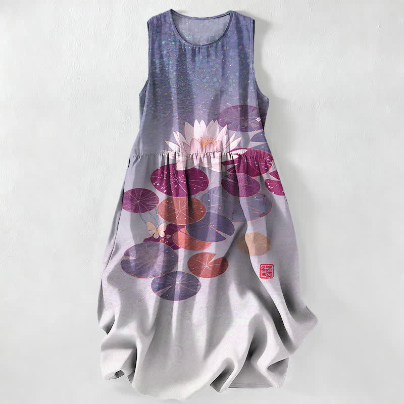 Buddha Stones Summer Casual Lotus Pond Pattern Women's Summer Sleeveless Midi Dress With Pockets - Lavender - US16，UK/AU20，EU48 (3XL) - image 5